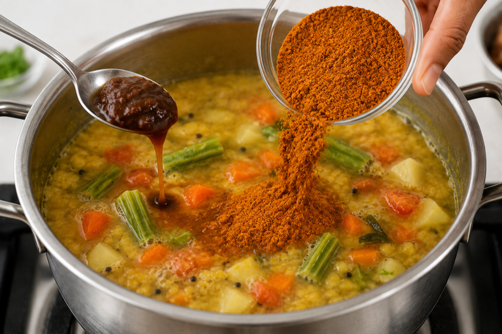 Step 3 — Add tamarind and sambar powder.